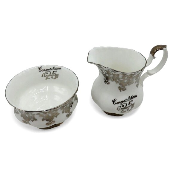 ROYAL ALBERT Silver Floral Cream And Sugar 25th Anniversary England Vintage - Picture 1 of 12